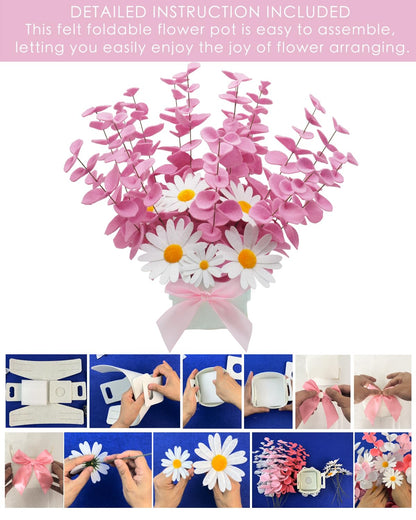 BAZIMA Felt Eucalyptus Daisy Bouquet,Felt Flowers,Multi-Color Felt Leaves,DIY Bouquet,Artificial Flower Bouquet with Flower Pot,Floral Gifts,15 Eucalyptus and 8 Daisies kit (Pink)