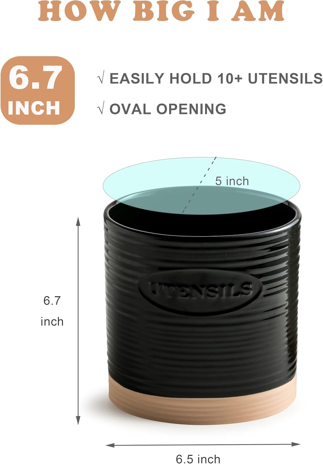 YHOSSEUN Black Ceramic Utensil Holder, 6.7" Kitchen Counter Caddy for Tools, Oval Shape Utensil Storage