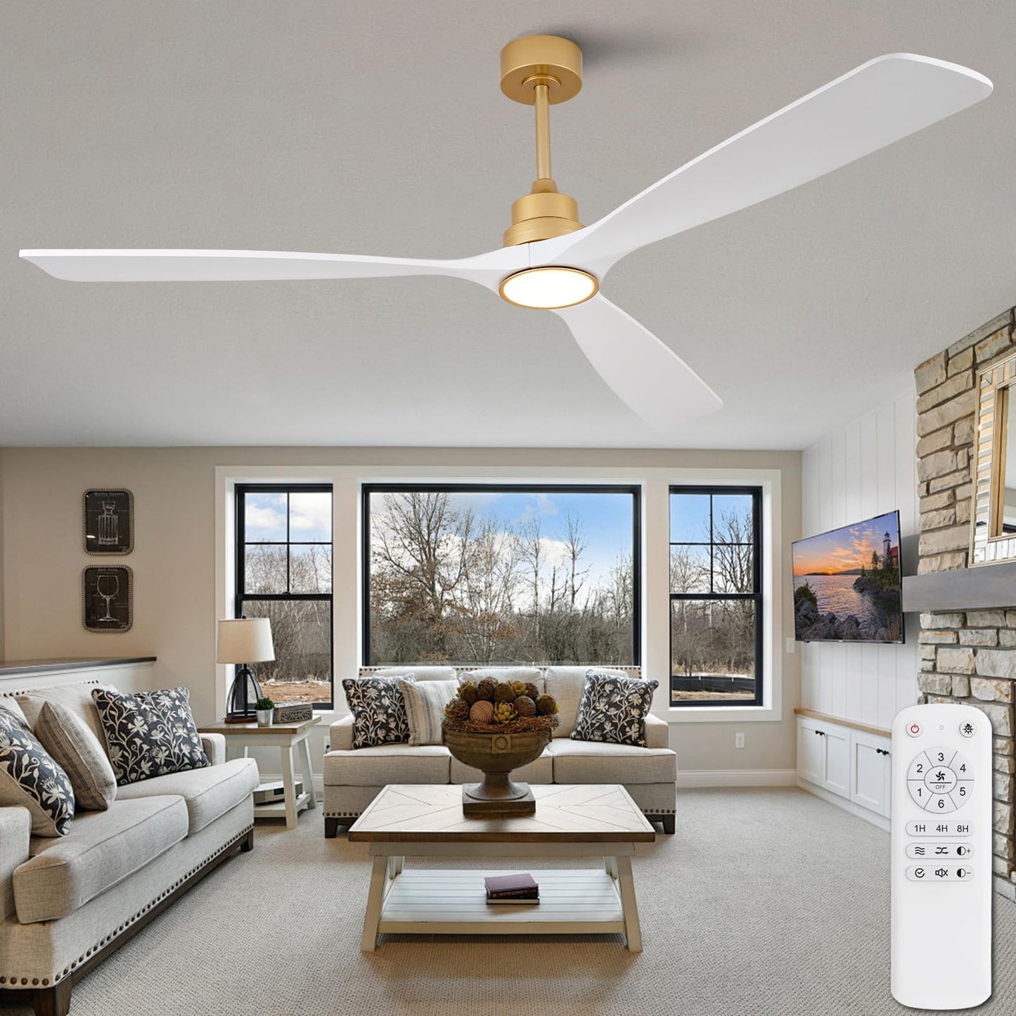 VCQQ 72 Inch Outdoor Ceiling Fans with Lights, Remote Control, Wall Switch, Reversible, Dimmable White and Gold Ceiling Fan with Light, Modern 3 Blade Wood Ceiling Fans for Living Room Patio