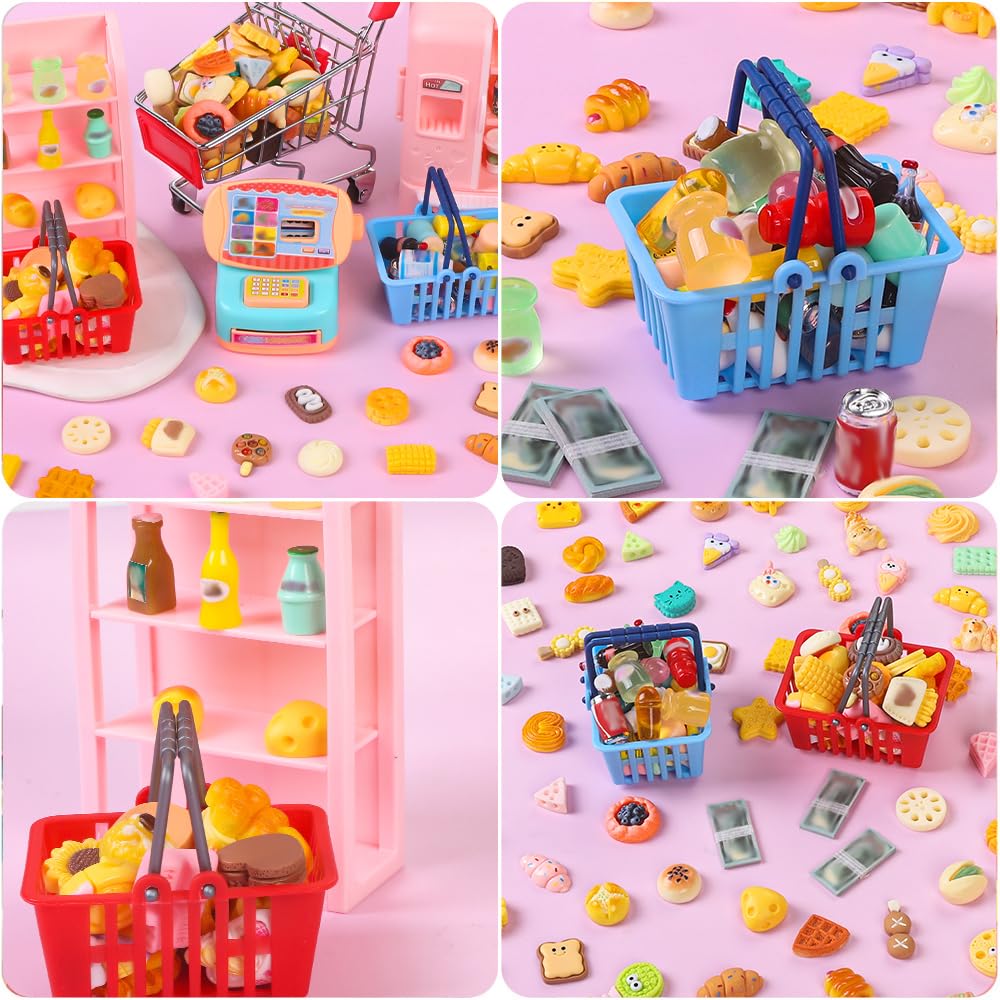 DULEFUN 143pcs Mini Shopping Cart Basket Miniature Food Drink Bottle Toys, Supermarket Shelve Metal Handcart Cash Register for Dollhouse Store AccessoryPretend Play Cosplay Game Kids Party Favor