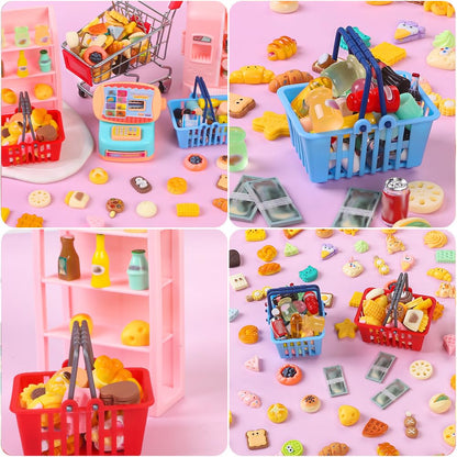 DULEFUN 143pcs Mini Shopping Cart Basket Miniature Food Drink Bottle Toys, Supermarket Shelve Metal Handcart Cash Register for Dollhouse Store AccessoryPretend Play Cosplay Game Kids Party Favor