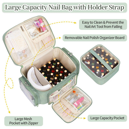 Bagmoly Nail Polish Organizer, Nail Polish Storage Holds 42+ Bottles & Nail Lamp, Portable Travel Nail Kit Storage Carrying Case Fits Nail Suppiles, Gift for Manicurist, Grils - Green