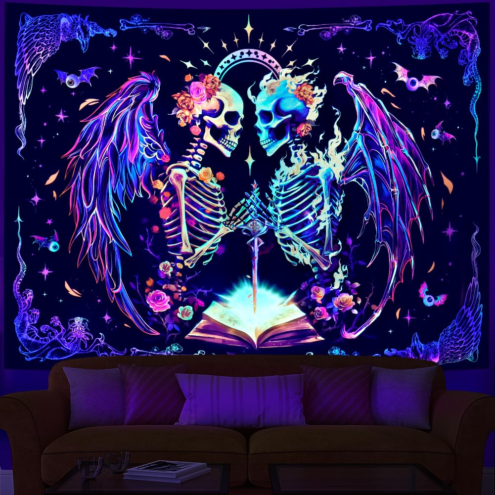 Heopapin Blacklight Trippy Skull Tapestry UV Reactive Gothic Skeleton Wall Hanging Tapestries Fantasy Neon Wing Glow in the Dark Party Poster Magical Galaxy Space Tapestry for Bedroom