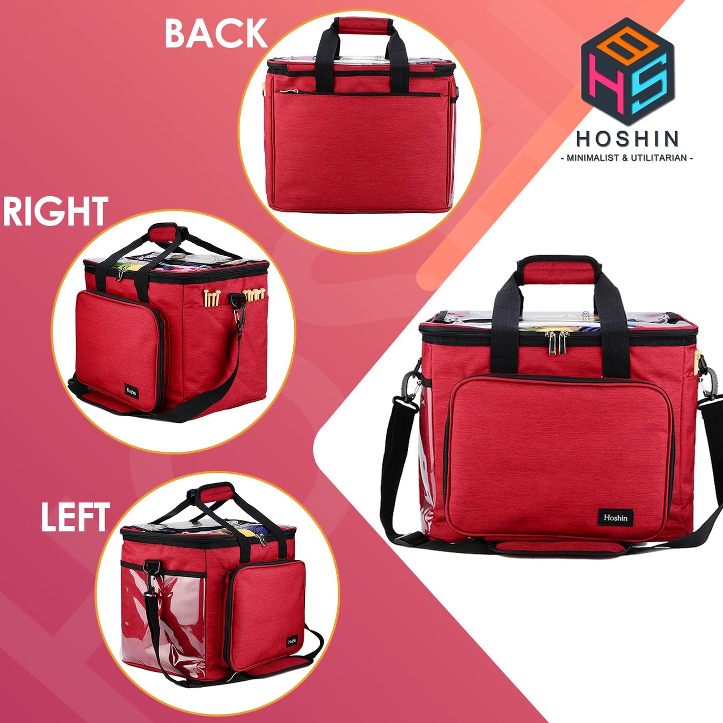 Hoshin Knitting Bag for Yarn Storage, High Capacity Yarn Totes Organizer with Inner Divider Portable for Carrying Project, Knitting Needles(up to 14”), Crochet Hooks, Skeins of Yarn (Red)