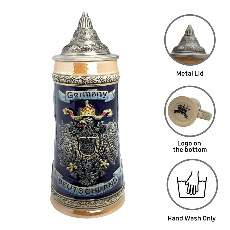 Essence of Europe Gifts 1 L Deutschland German Beer Stein with Lid – German Adler (Eagle) Tankard Hand Painted Engraved Cities Beer Stein Mug - Stein Mug By E.H.G