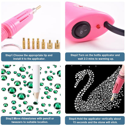 Hotfix Rhinestones Applicator Bedazzler Hot Fix Applicator Tool Kit with 3 Boxes Crystal Gems for Bedazzling Clothes Clothing Fabric Bedazzle, Heat Bedazzled Diamond Pen Setter Iron on Wand with Tips