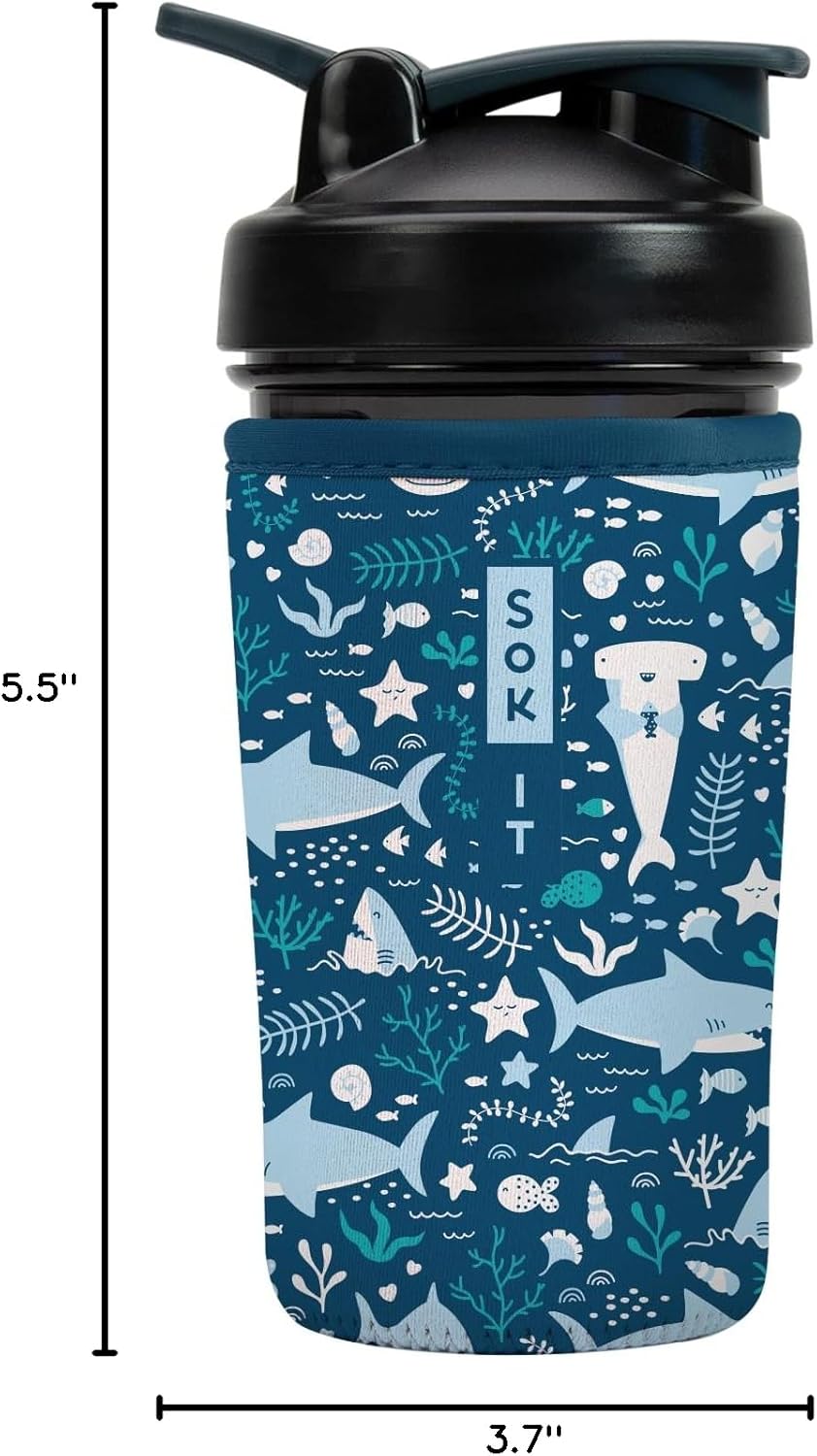 24oz Sok It BotlSok Protein Blender Shaker Bottle Sleeve Insulated Neoprene Cover (Happy Sharks, Fits Blender)
