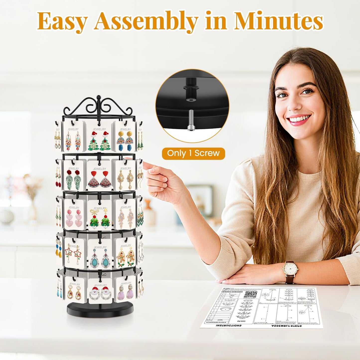 EsLuker.ly Earring Holder Organizer Rotating Display Tree Stand, Adjustable Height Earring Card Hanger Rack with 50 Hooks for Vendors Market Selling, 5 Tier Metal Jewelry Storage Tower, Black