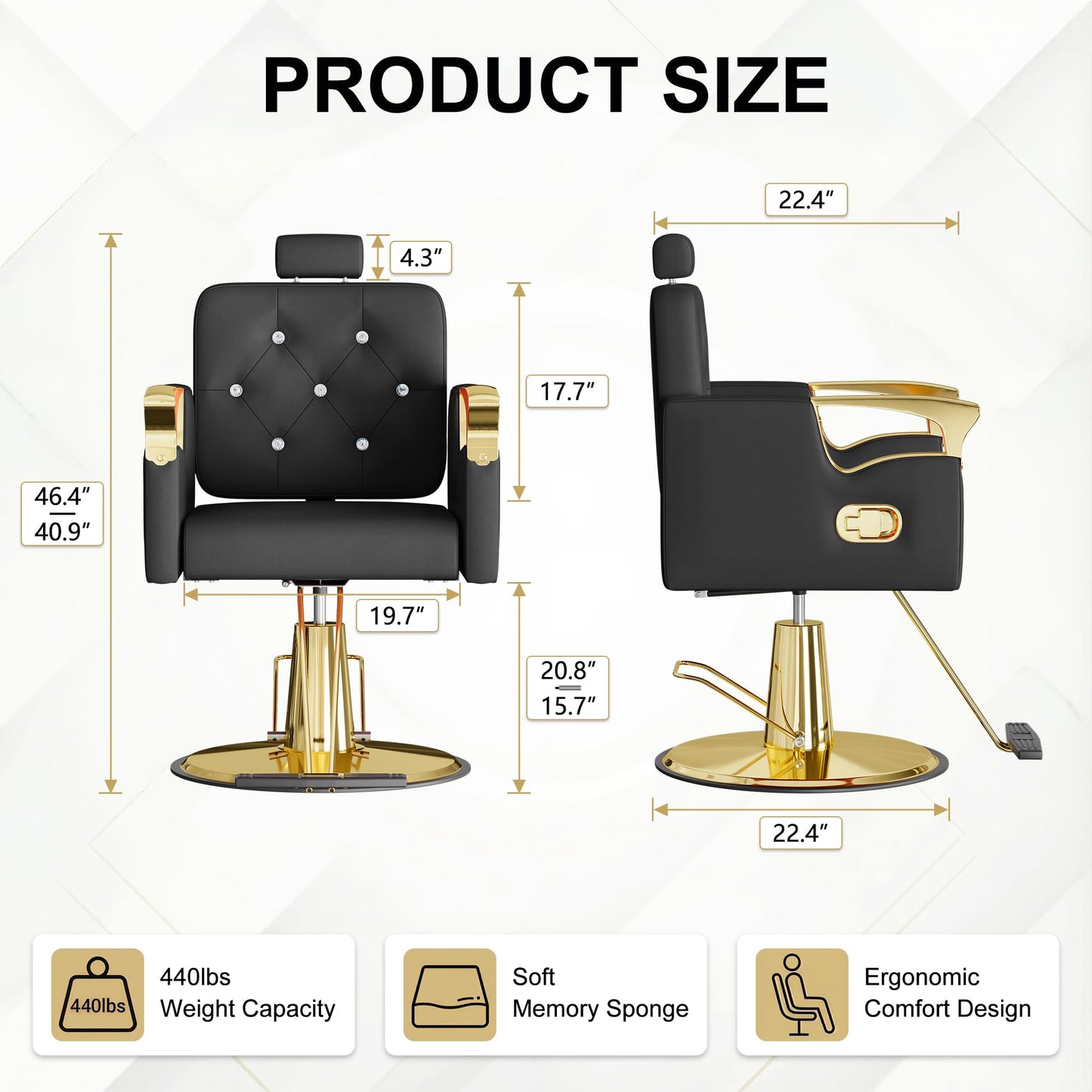 LOUVIXA Barber Chair Reclining, Salon Chairs for Hair Stylist, Height Adjustable Salon Styling Chair, Heavy Duty Barber Chairs, 360 Swivel Barbershop Chair (Black-Golden-440lbs)