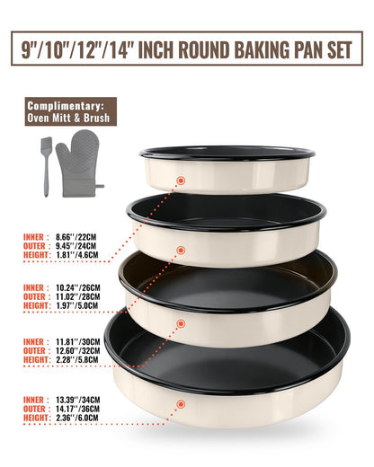 MCCSI Enamel Round Roasting Pan Set Baking Dish 4-Pack 9/10/12/14 Inch High Temperature Resistance Bakeware for Pizza Chicken, Oven Dishwasher Safe Birthday Mother Day Gift for Wife & Mom Cake Pan