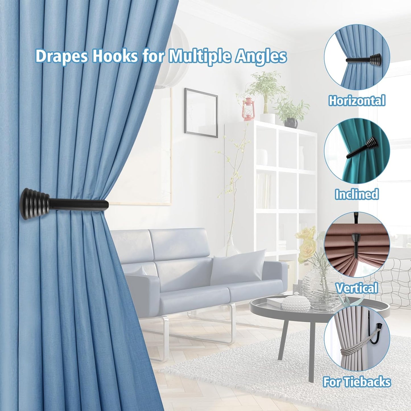 Ohtomber 2PCS Black Curtain Holdbacks - Metal Decorative Curtain Hooks for Drapes, Wall Mounted Tiebacks