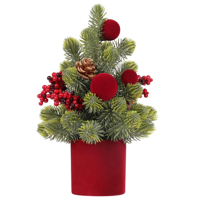 Small Christmas Tree, 12Inch Artificial Burgundy Velvet Ball Berry Mini Tabletop Christmas Decorations, for Home Party Thankgivings Xmas Indoor Decor.