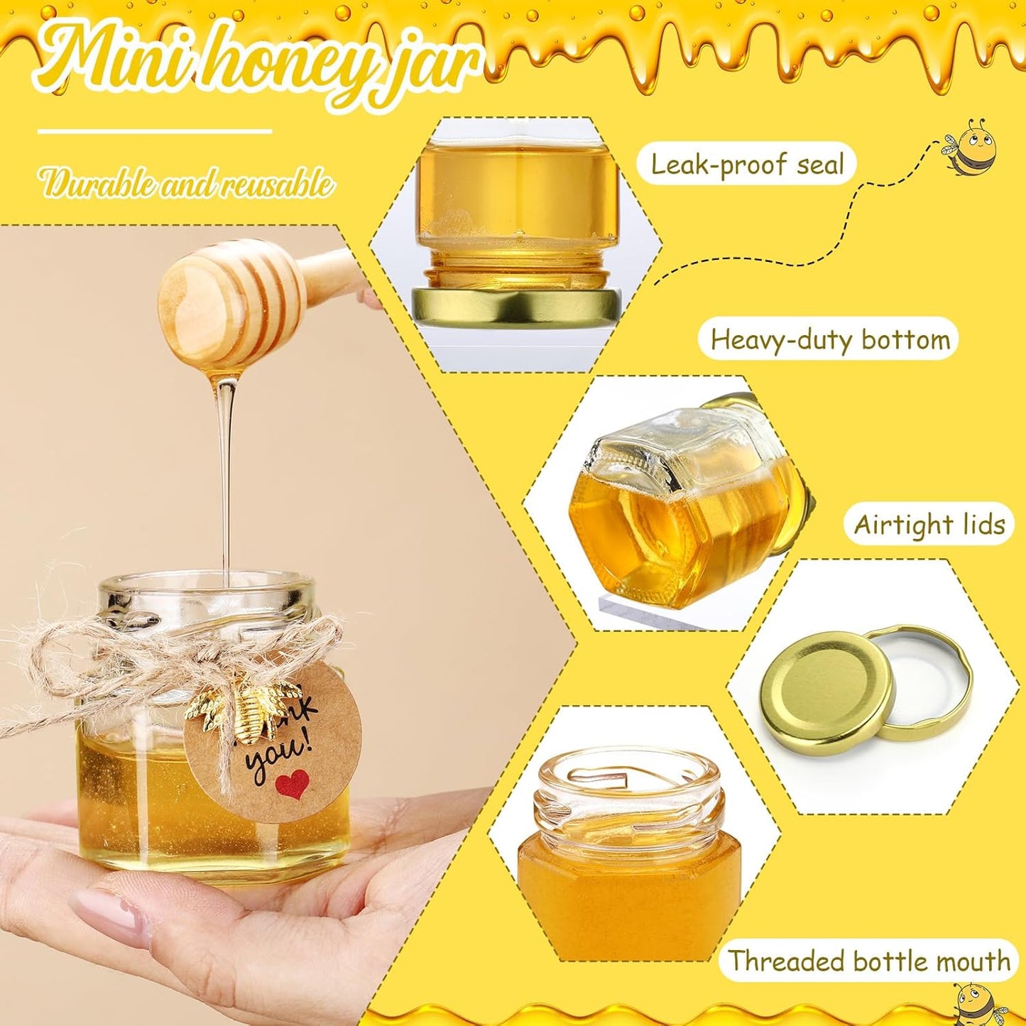 Funnymoom 30 Set 1.5 oz Mini Honey Jars Party Favors in Bulk Hexagon Glass Honey Jar with Dipper Bee Charms Thank You