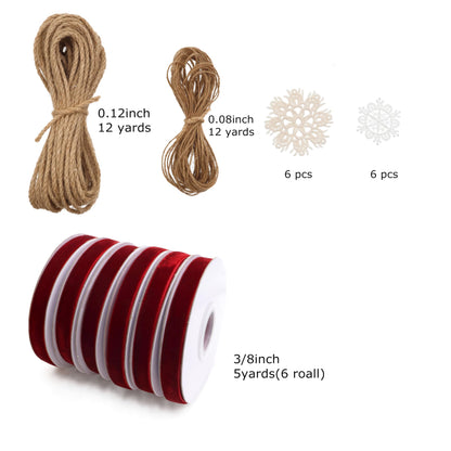 Christmas Velvet Ribbon Craft Kit – 6 Rolls Burgundy Felt Ribbon with Jute Twine Snowflake Fabric Patches, Complete Holiday Gift Wrapping Decoration Set, High-Value Bundle for Xmas Crafts Home Décor