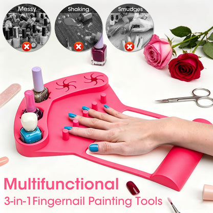 3-in-1 Silicone Nail Arm Rest & Nail Polish Holder for Manicure and Pedicure,Hand Rest Mat with Anti-Spill Bottle Stand & Finger Separators for Nail Art Tools,Fingernail Painting Accessories(Rose Red)