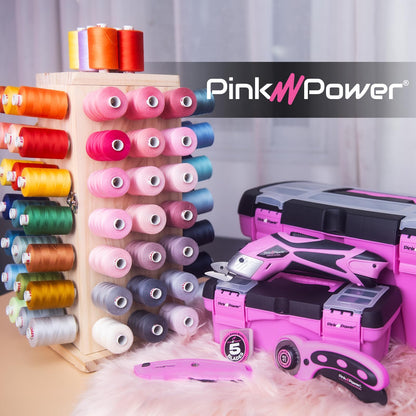 Pink Power 84 Spools Thread Holder Stand - 360 Full Rotating Wooden Thread Organizer - Embroidery Spool Holder Rack - Spool Storage box for Sewing, Quilting, Jewelry, and Hair-Braiding