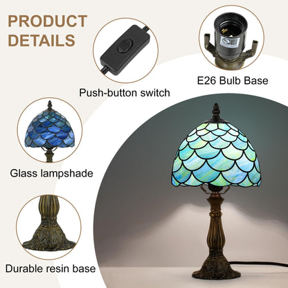 MOAN Small Lamp Stained Glass Table Lamp 8X14.5 Inch Bedside Reading Light Antique Light Desk Lamp(Green Fish Scale Style)