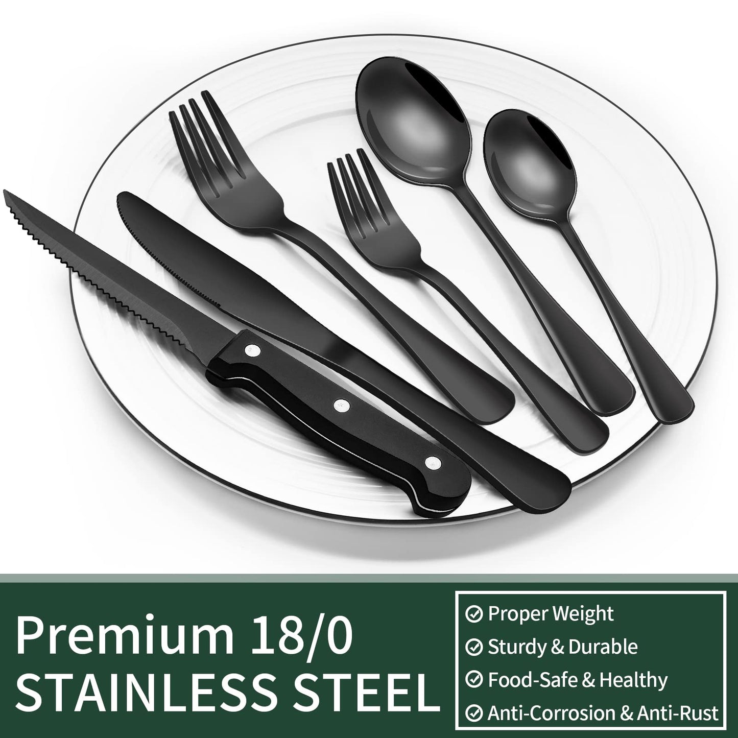 EWFEN 24-Piece Black Silverware Set with Steak Knives, Black Flatware Set for 4, Food-Grade Stainless Steel Tableware Cutlery Set, Mirror Finished Utensil Sets for Home Restaurant, Round Edge