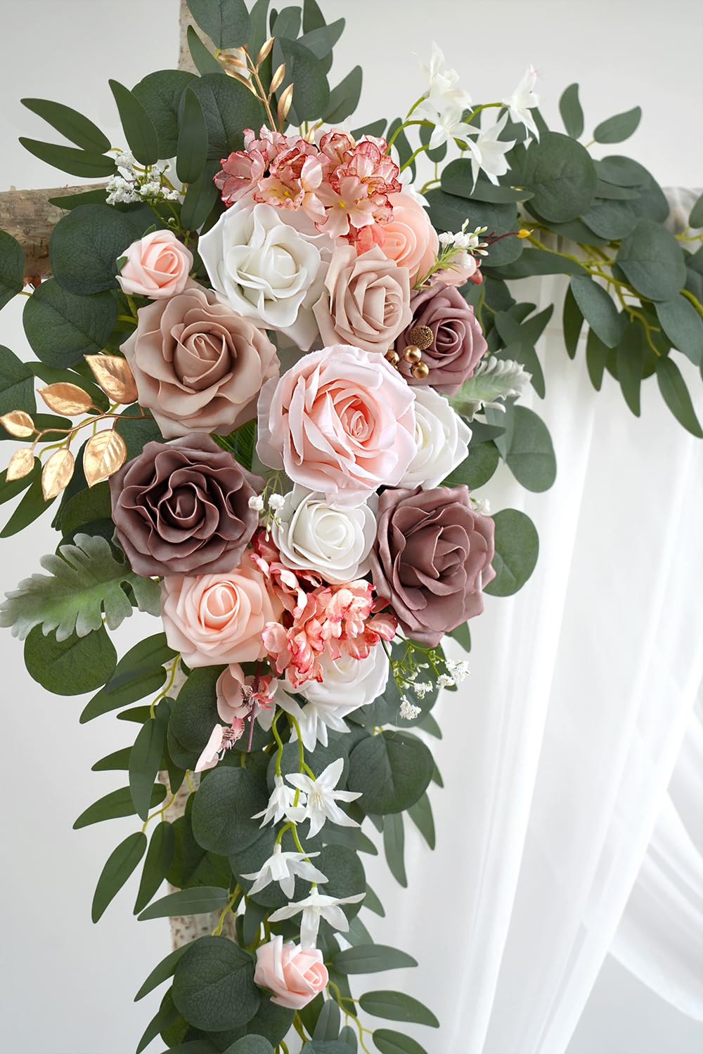 Olalaka Dusty Rose Artificial Wedding Arch Flowers Kit (Pack of 3) with 26Ft White Shiny Arch Draping Fabric for DIY Wedding Party Ceremony Reception Backdrop Floral Decoration