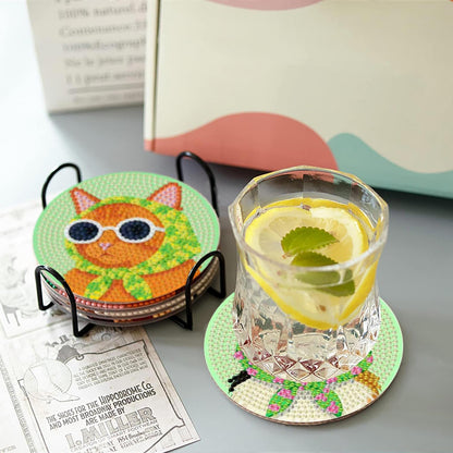 Yijingtop 8 Pcs Retro Cat Diamond Painting Coasters Kits with Holder,Funny Cat Diamond Art Coasters with Wooden Cork,DIY Round Drill Small Diamond Art for Adults for Home Wall Decor