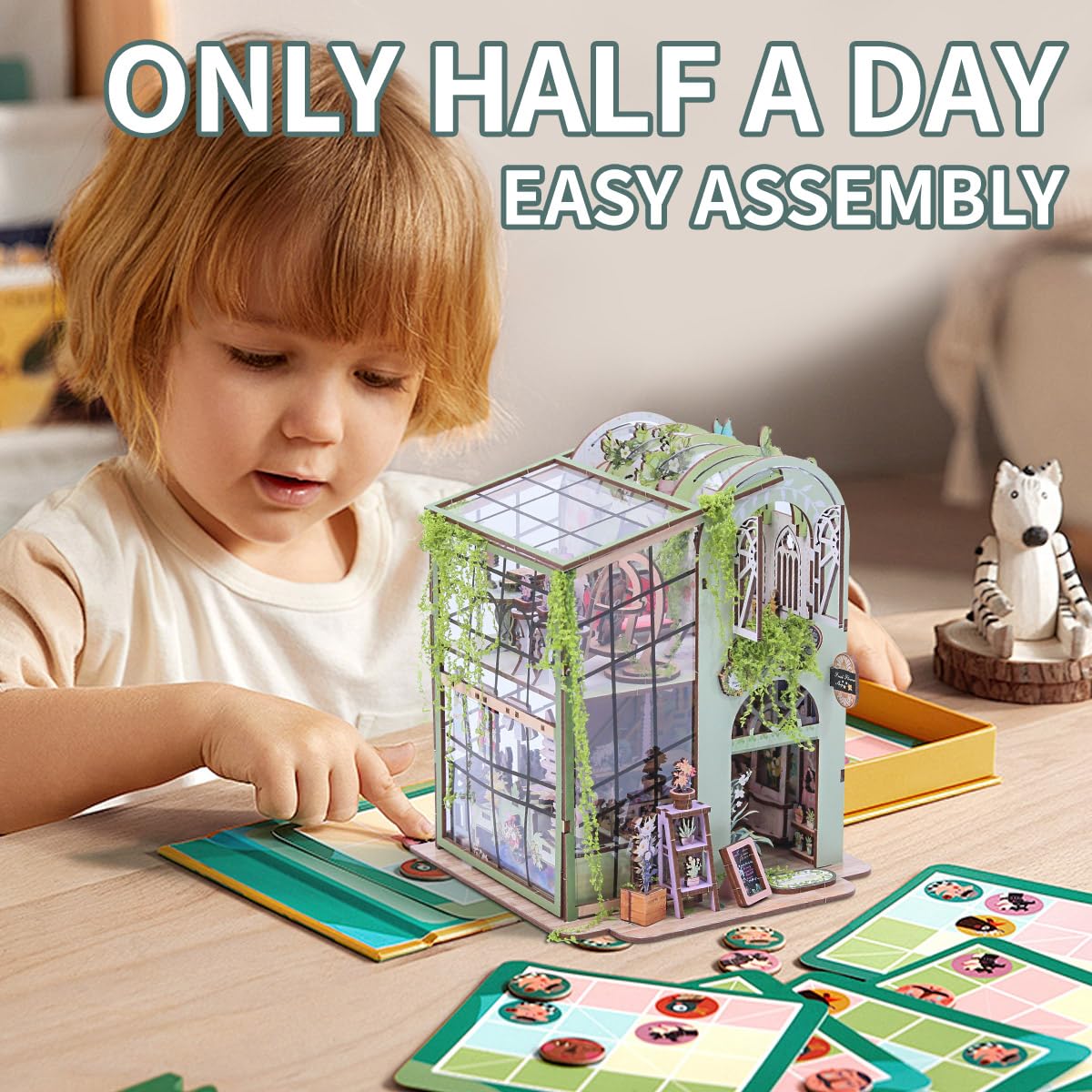 Miniature Flower House Kit, DIY Flower Dollhouse Booknook Making Set, 3D Wooden Puzzle Bookshelf Decor with Furniture for Adults & Teenagers