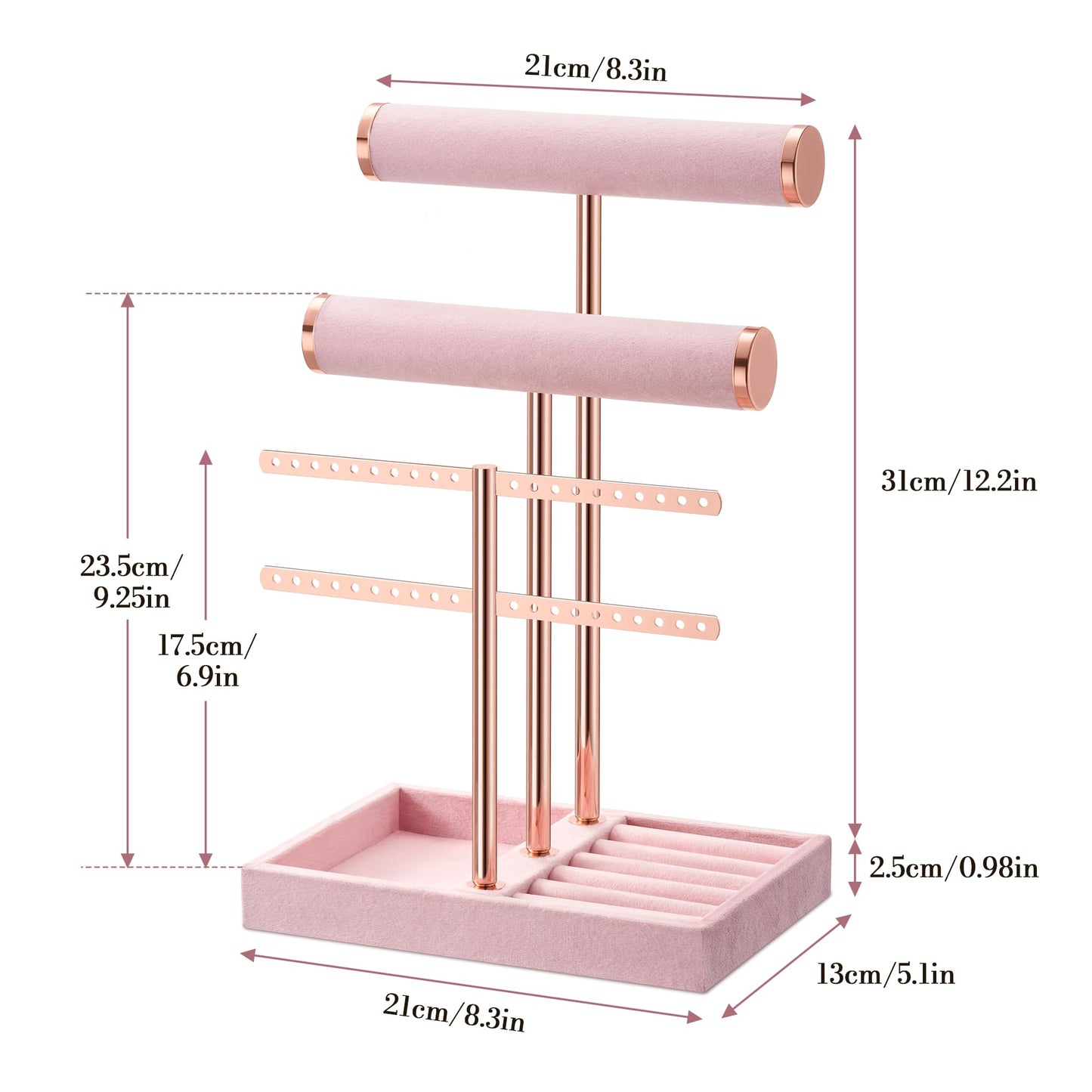 bussdis 3 Tier Bracelet Holder Display - Detachable T Bar Pink Velvet Bracelet Holder, Jewelry Holder Organizer for Bracelet, Necklace, Earrings, Rings