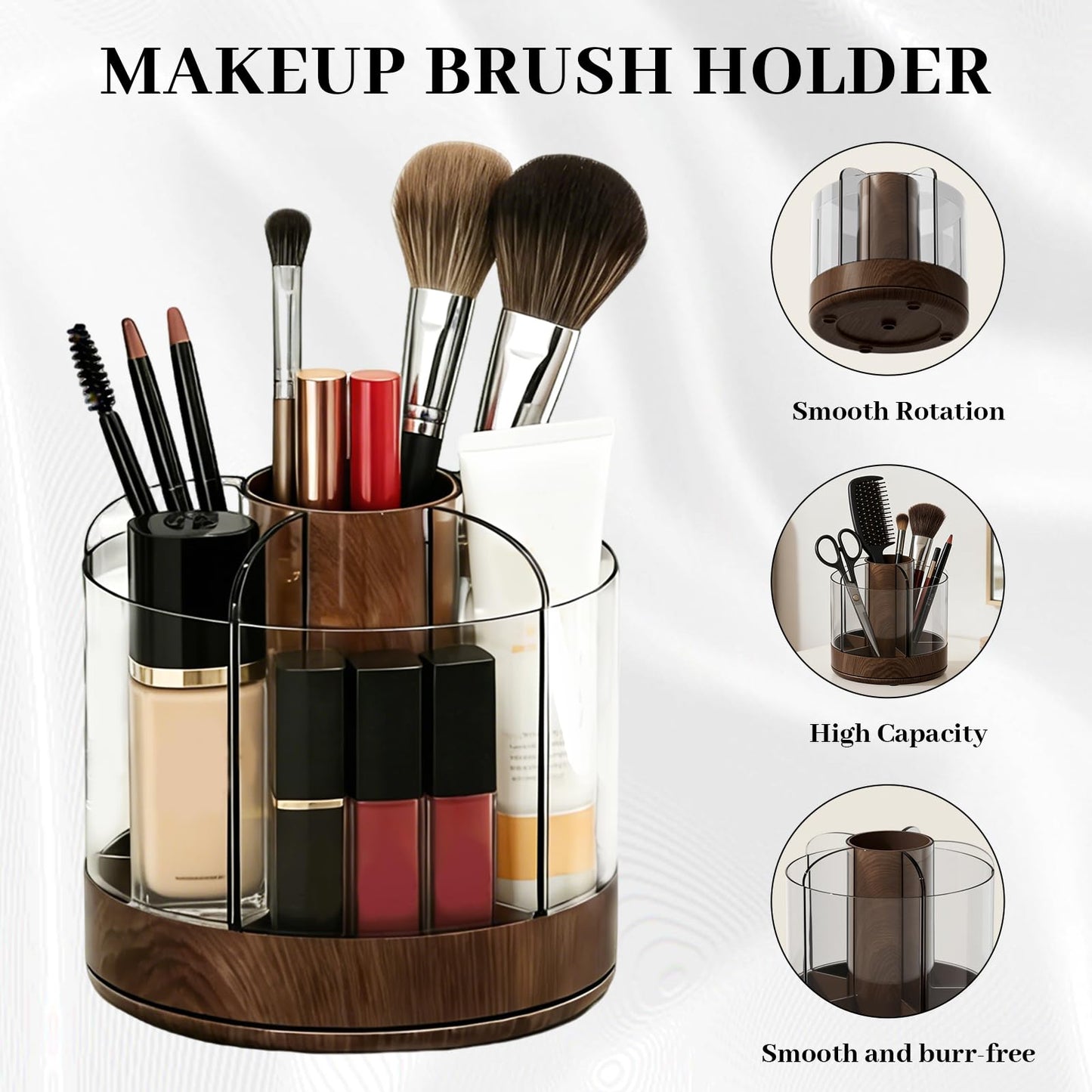 NULANCITIDE 360 Spinning Makeup Brush Holder, Acrylic Organizer with 6 Removable Compartments, Rotating Pen Holder for Desk, Bathroom Vanity Desktop Organizer for Cosmetics Art, Walnut