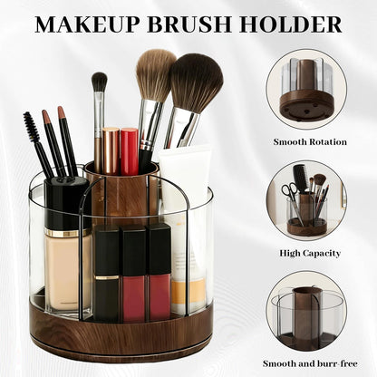 NULANCITIDE 360 Spinning Makeup Brush Holder, Acrylic Organizer with 6 Removable Compartments, Rotating Pen Holder for Desk, Bathroom Vanity Desktop Organizer for Cosmetics Art, Walnut