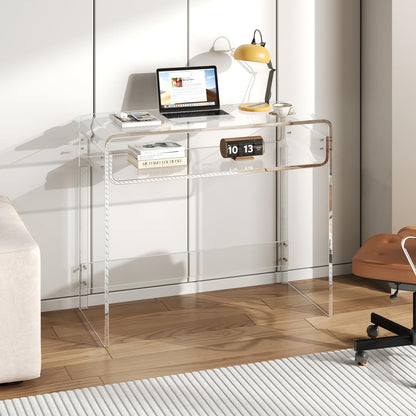 XOHYW Acrylic Office Desk, Modern Laptop Writing Study Table with Open Storage, Transparent Console Entryway Table, 33.5" L x 15.8" W x 29.5" H, for Home, Bedroom (Clear)