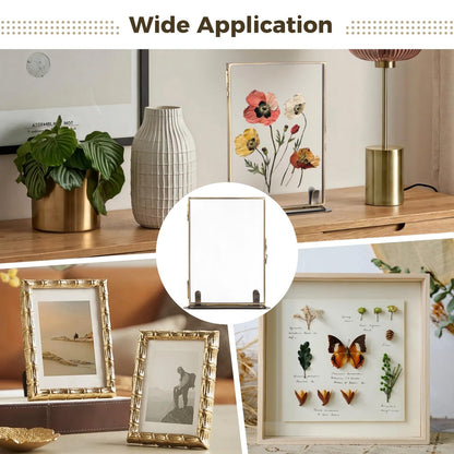 Vintage Floating Glass Frame, Tabletop Floating Picture Frame for Dry Flowers, Double Glass Pressed Flower Display Frame with Metal Base, Shelf Photo Frames for Home Office