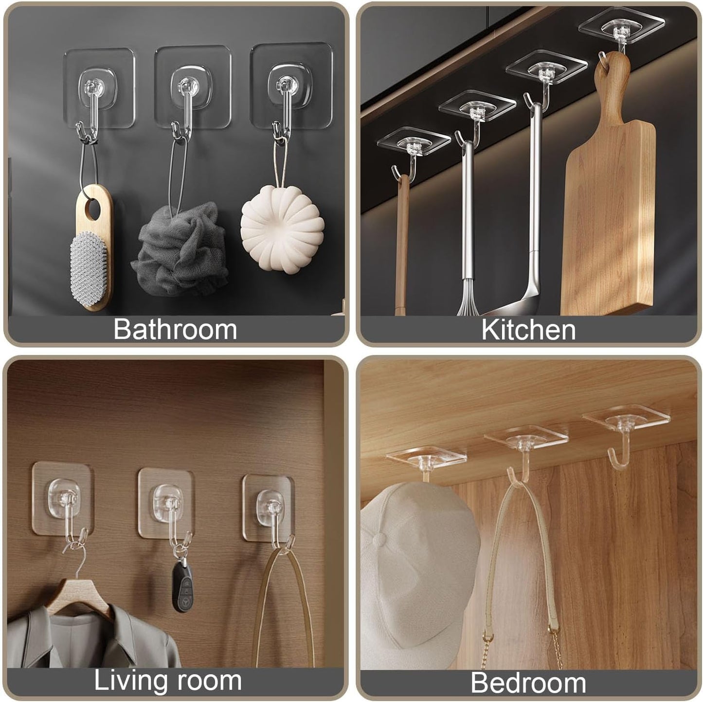 TocTen 24 Pack Heavy Duty Adhesive Hooks, 30lb Max, Damage Free Self-Adhesive Clear Wall Hooks for Bathroom Kitchen