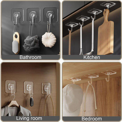 TocTen 24 Pack Heavy Duty Adhesive Hooks, 30lb Max, Damage Free Self-Adhesive Clear Wall Hooks for Bathroom Kitchen