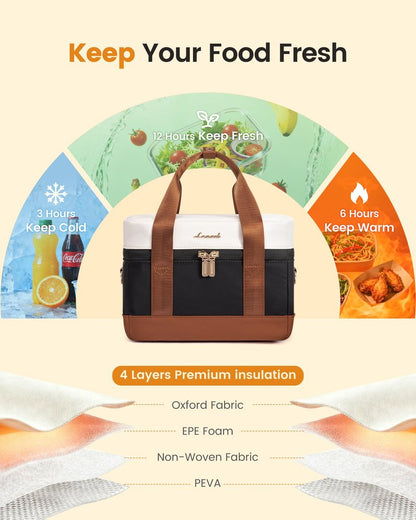 LOVEVOOK Insulated Lunch Box for Women Men, Reusable Lunch Bag with Large Capacity, Leakproof Cooler Lunch Tote for Work, Office, Outdoor Use, Black-beige-brown
