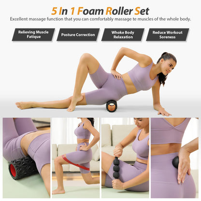 5 in1 Foam Roller Set, Trigger Point Foam Roller, Massage Roller Stick, Massage Ball, Resistance Band for Deep Muscle Massage Pilates Yoga,Fitness Exercise for Whole Body (Black-Red)