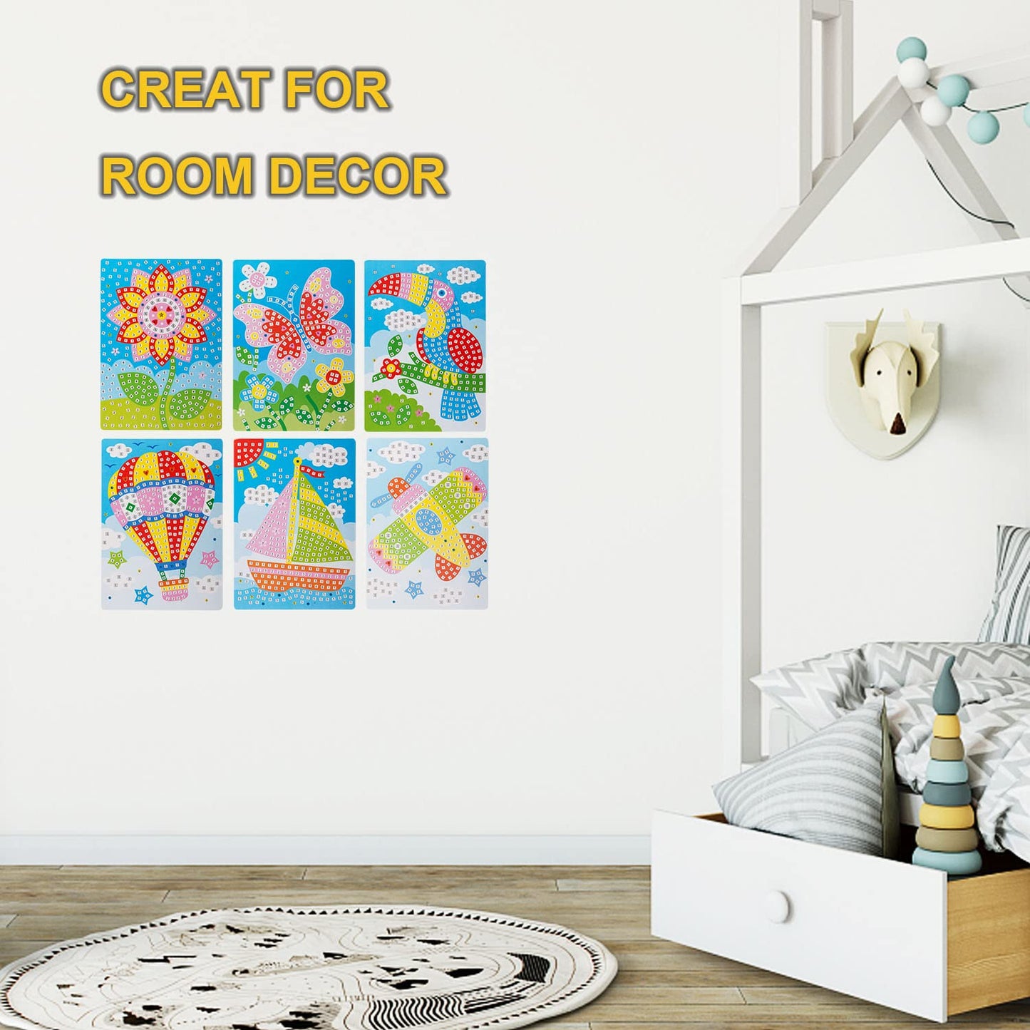 LZHZH Mosaic Sticker Art Sticky DIY Handmade Art Kits for Kids - Sunflower, Butterfly, Sailboat, Woodpecker, hot air Balloon, Airplane (6 Pack) (Handmade Art Kits for Kids)
