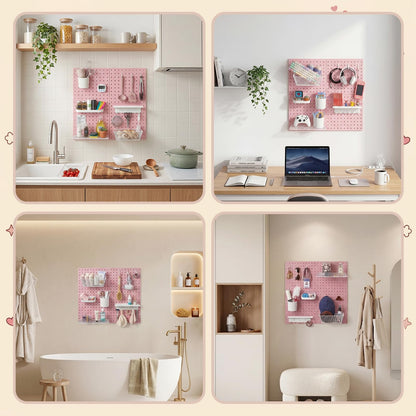 Pegboard Wall Organizer, 4 x11” x 11” ABS Peg Board Wall Organizer with Hooks, Shelves & Baskets, Drill or Adhesive Mount, 110 lbs Heavy Duty Wall Storage for Kitchen, Garage, Bathroom, Office (Pink)