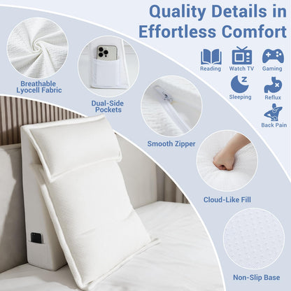 Queen Bed Wedge Pillow for Headboard Gap, Ergonomic Waves Bed Mattress Gap Filler(0-7") with High-Density Foam, Non-slip Bottom, Bed Gap Filler with Large Pockets & Washable Cover, Grey(60"x10"x6")