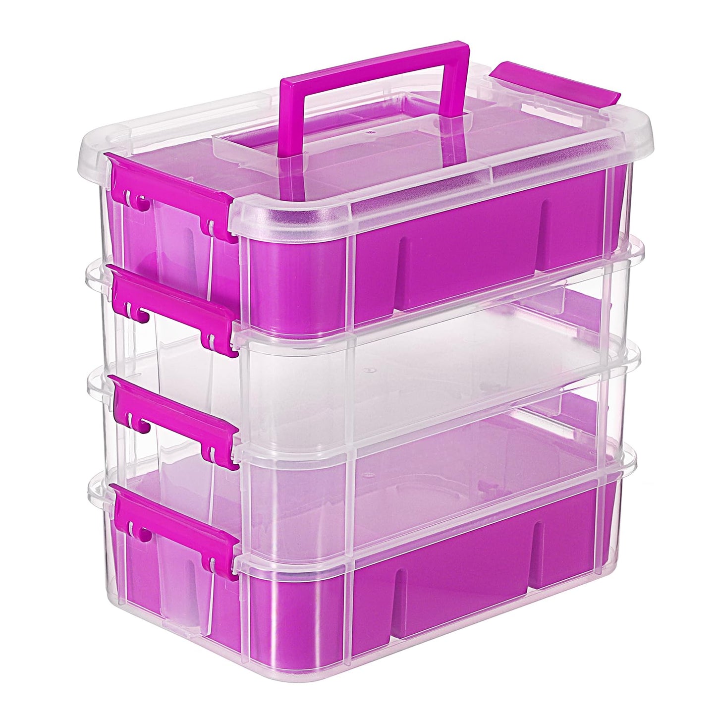 JUXYES 4-Tiers Stack Carry Storage Box With 2 Divided Tray, Transparent Stackable Storage Bin With Handle Lid Latching Storage Container for School & Office Supplies, Purple