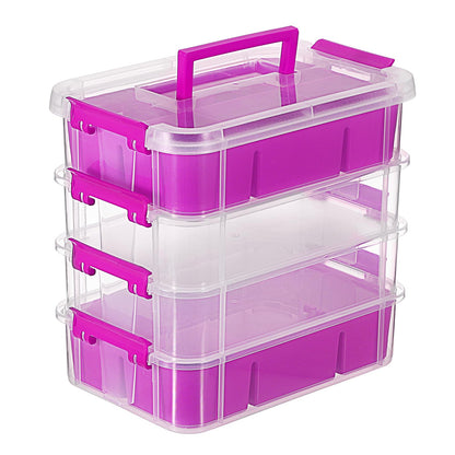 JUXYES 4-Tiers Stack Carry Storage Box With 2 Divided Tray, Transparent Stackable Storage Bin With Handle Lid Latching Storage Container for School & Office Supplies, Purple