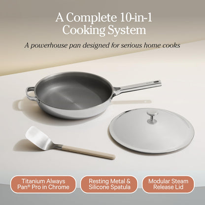 Our Place Titanium Always Pan Pro | 10.6" PFAS-Free Nonstick Frying Pan with Spatula | Chef-Grade Tri-Ply Stainless Steel & Aluminum Build | Induction & Oven-Safe up to 1000°F | Chrome