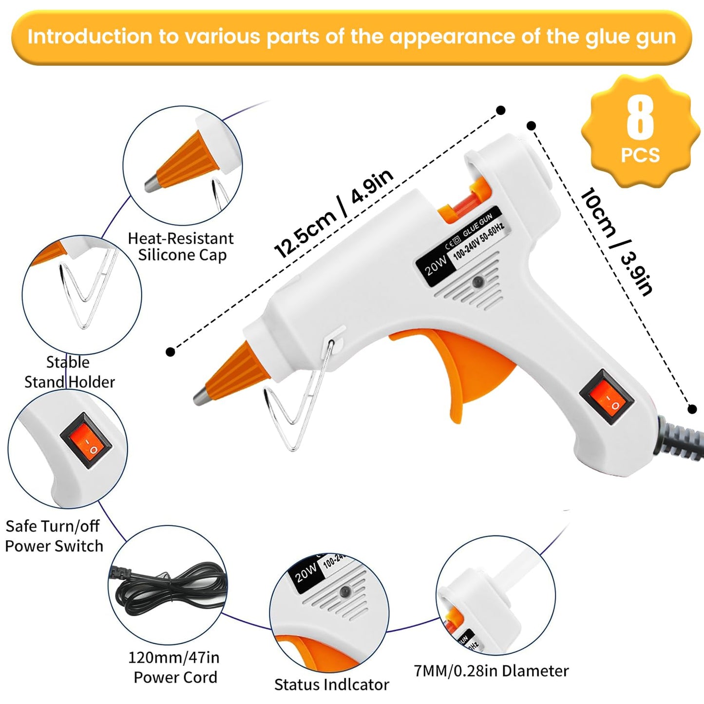 Hot Glue Gun Kit with 40 Glue Sticks and Anti-Scalding Nozzles, 8 Pack Fast Preheating Mini Hot Melt Gun Set for Crafts, DIY Arts, Class Projects, School, Home Repairs - Multicolors