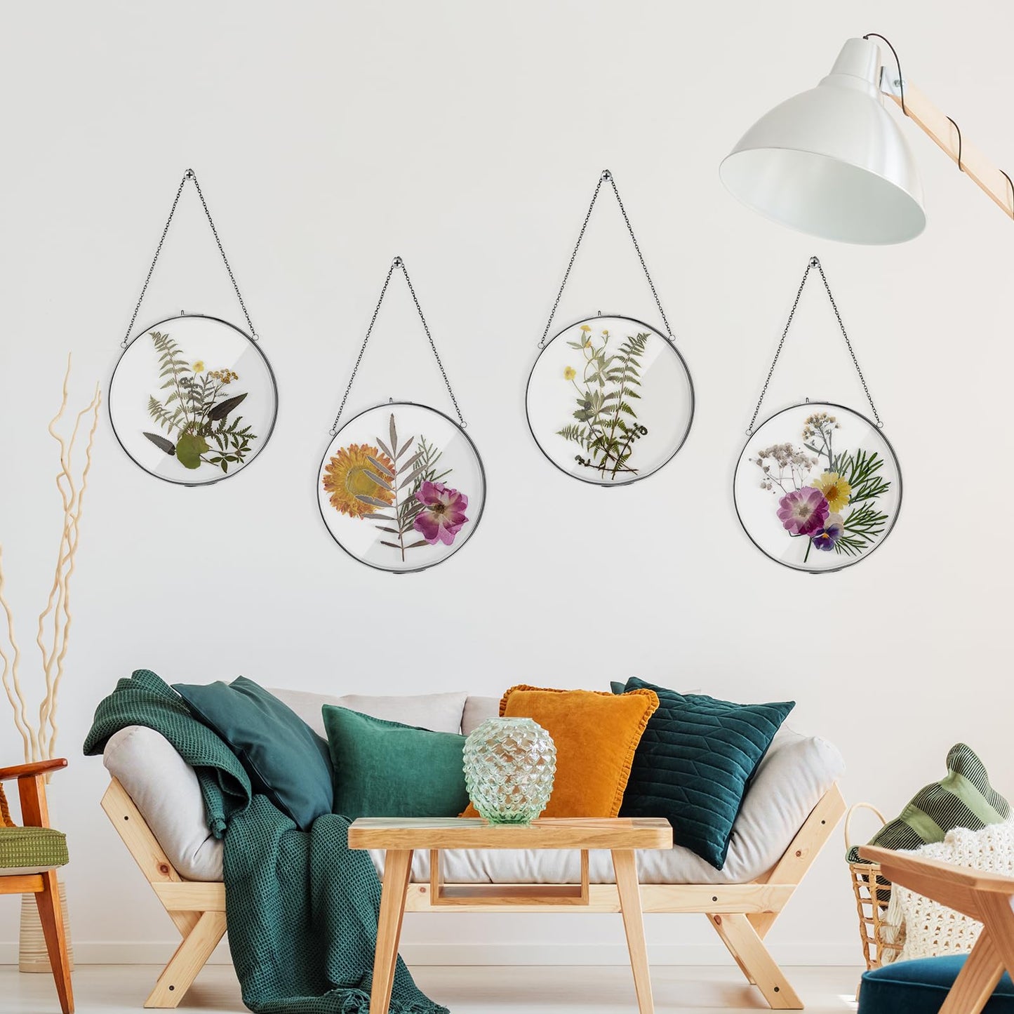 Qunclay 4 Pcs Double Glass Frame for Pressed Flowers Round Hanging Herbarium Floating Flower Press Frame Clear DIY Vintage Artwork Display holder(4 Inch,Black)