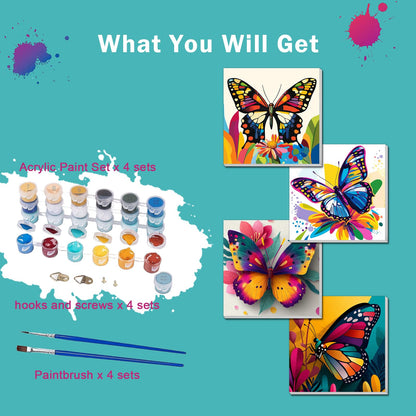 4 Pack Paint by Numbers Kit for Kids, Girls Color by Number Painting Kits for Kids Ages 8-12 Butterfly Paint by Numbers with Framed Canvas Children DIY Paints by Number Kits for Beginners 8x8 Inch