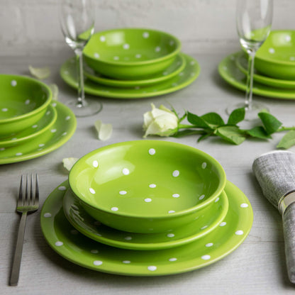 Handmade Lime Green and White Polka Dot Ceramic 12 piece Dinnerware Set | Pottery Tableware Service for 4 | Dinner Plates | Side Plates | Bowls | Housewarming Gift by City to Cottage®