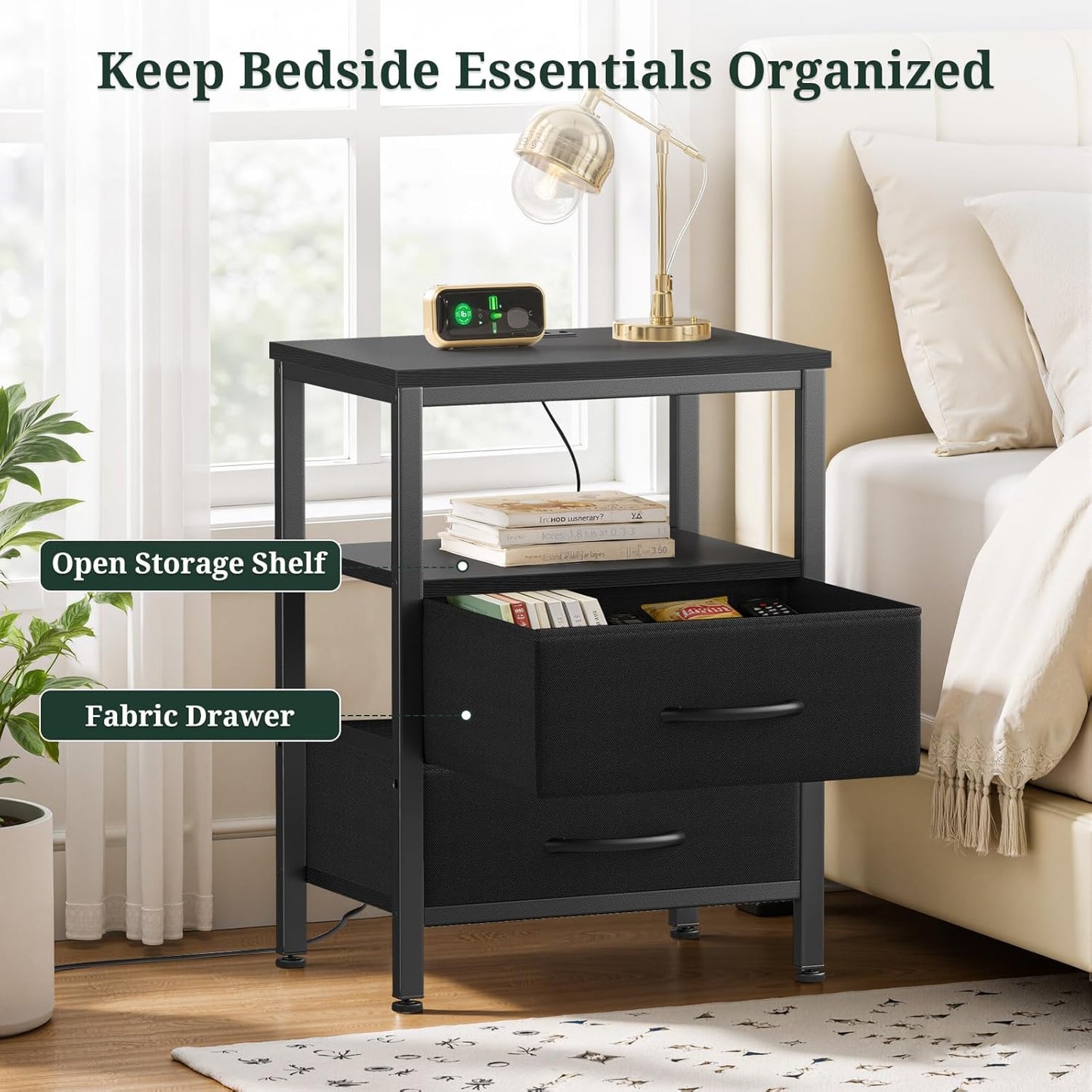 2 Nightstand with Charging Station, Bedside Table with USB Ports & Outlets, Small Dresser End Table with Fabric Drawer