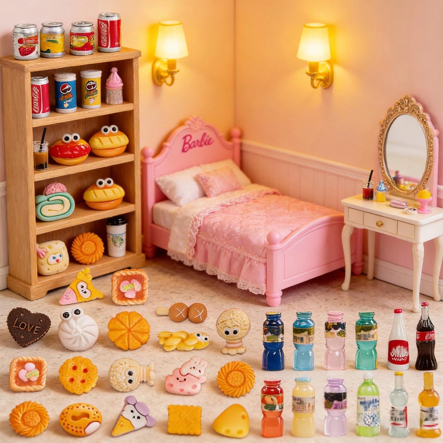 100pcs Miniature Food Drink Mini Brand Bottles Soda Pop Cans Cake Ice Cream Pretend Play Kitchen Game Party Accessories Toys for 1/12 Doll House Resin Food Figures Dollhouse Kitchen Decorations