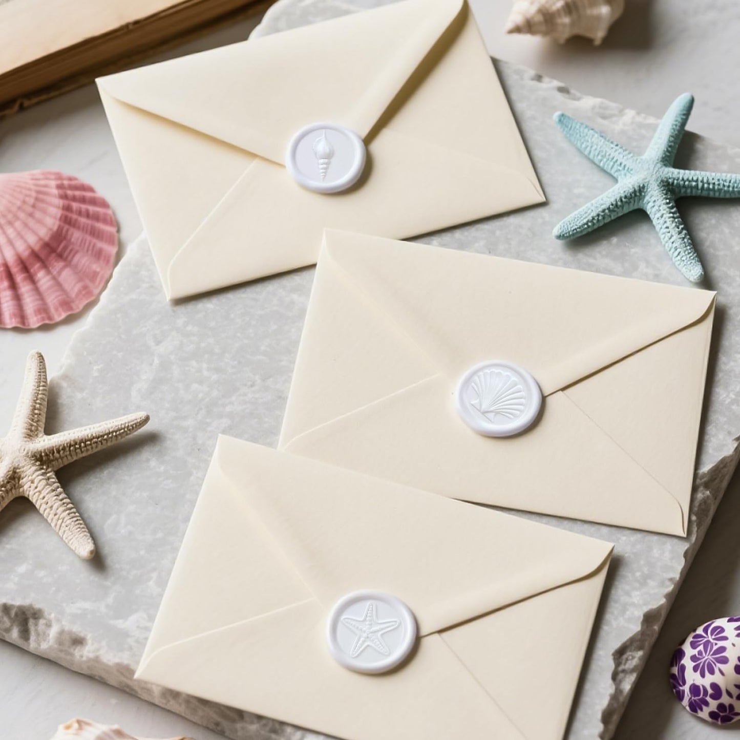 PartyforU White Wax Seal Stickers - 60 Pcs Embossed Starfish Conch and Seashell Self-Adhesive Wedding Invatation Wax Stamp Stickers for Envelope Birthday Party Gift Wrapping