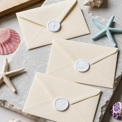 PartyforU White Wax Seal Stickers - 60 Pcs Embossed Starfish Conch and Seashell Self-Adhesive Wedding Invatation Wax Stamp Stickers for Envelope Birthday Party Gift Wrapping