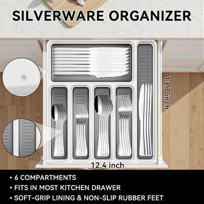 49-Piece Stainless Steel Silverware Set with Cutlery Organizer, Service for 8 with Steak Knives and Kitchen Utensils