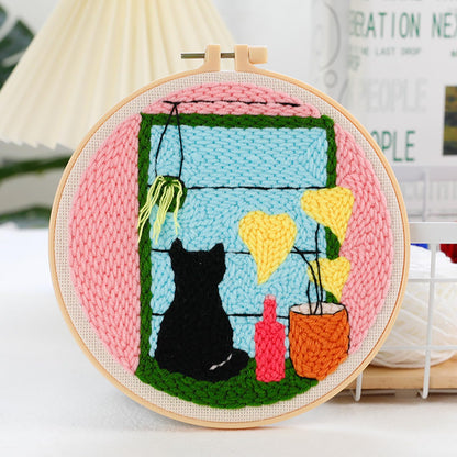 Woohome Punch Needle Kit Included Plastic Hoops, Punch Needle Cloth, Color Yarn and Punch Needle Tools for Adults, Beginners (Cat and Vase)
